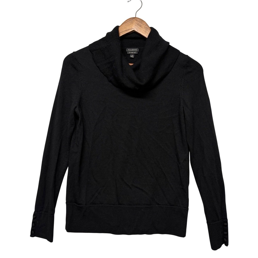 Talbots Sweater Womens S Black Cowl Neck 100% Merino Wool Minimalist Quite Luxur